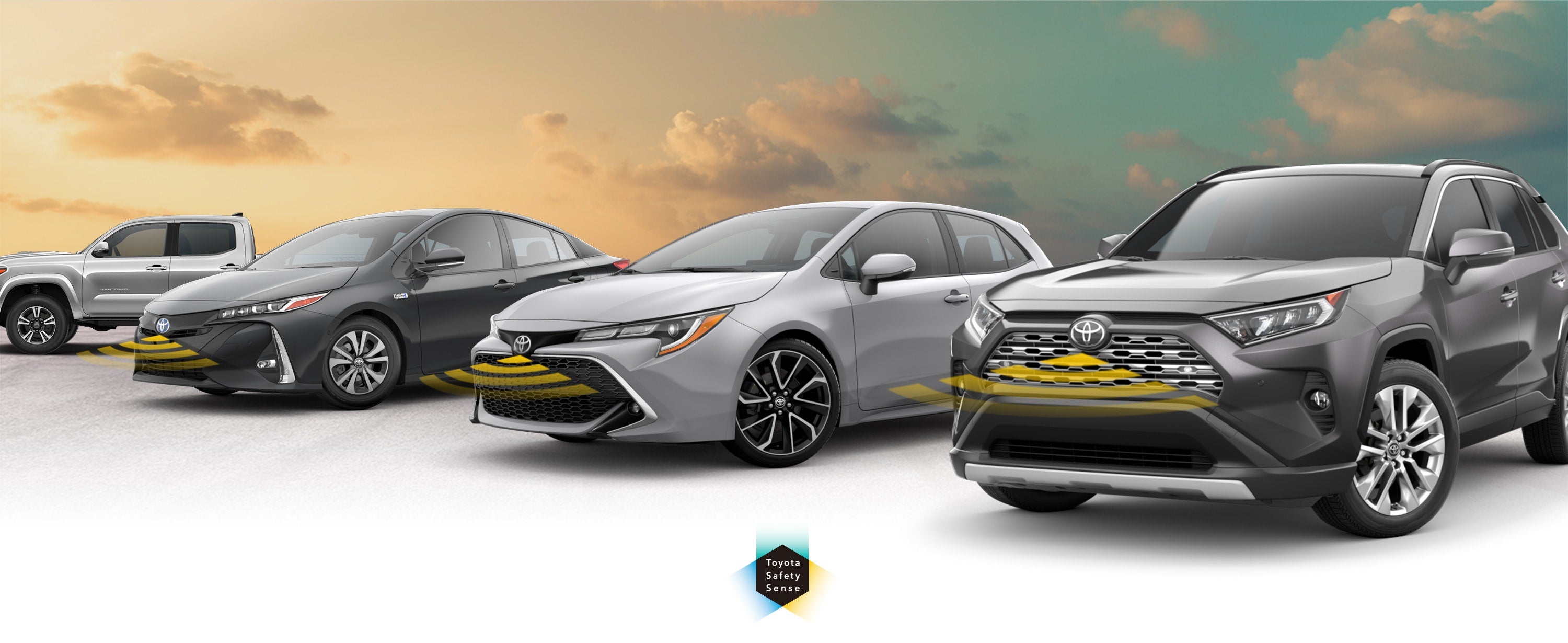 Toyota Safety Sense: Designed for Safety. Options shown on Toyota models including RAV4, Tacoma, and Camry, available now at Dalton Toyota National City in National City CA.