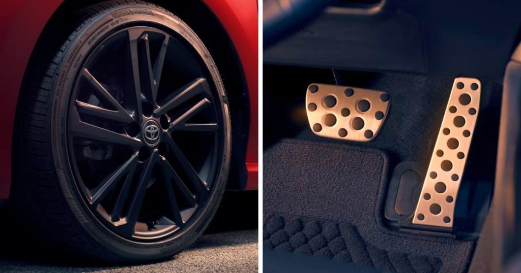 The 19-inch satin-black alloy wheels and aluminum sport pedals of the 2026 Camry Nightshade