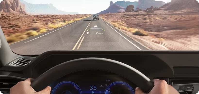 Full-color Head-Up Display showing speed and driving info on the windshield