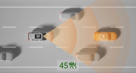 Dynamic radar cruise control maintaining distance behind the vehicle ahead