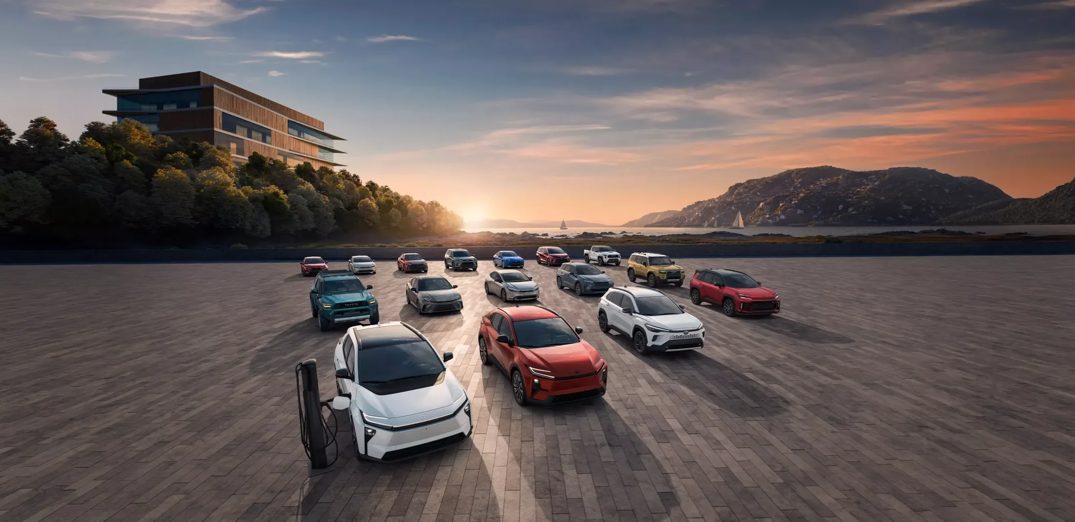 The full 2026 Toyota lineup at sunset — the brand consistently rated among the most reliable, sold at Dalton Toyota National City