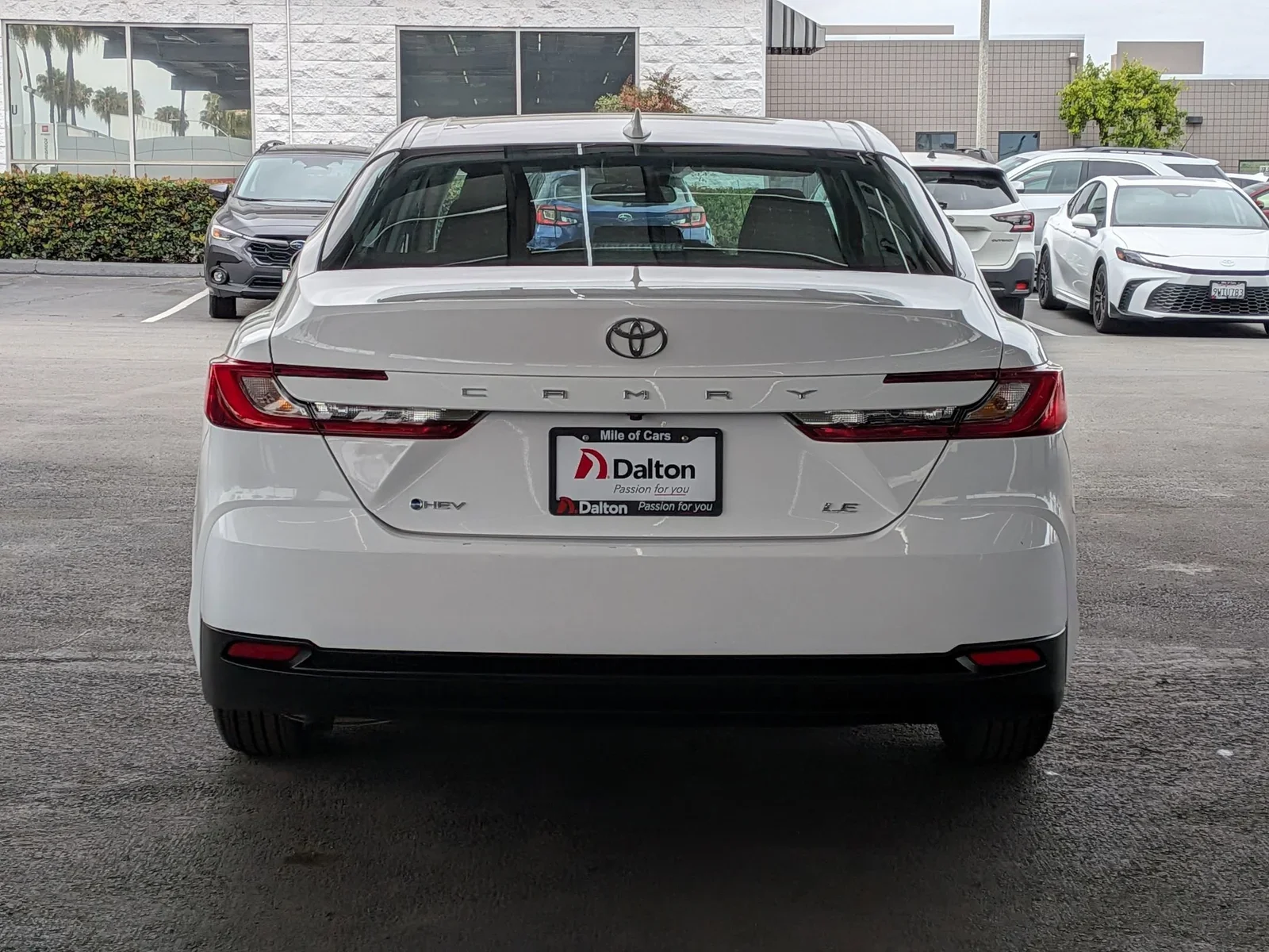 Rear view of a white used Toyota Camry LE HEV with the Dalton dealer plate